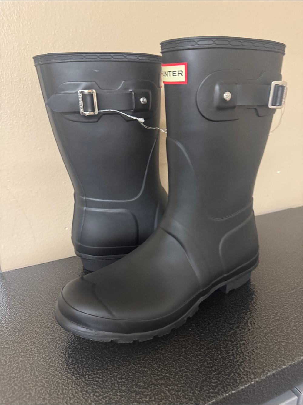 Hunter women’s Black Matte Short Rain Boots with Buckle